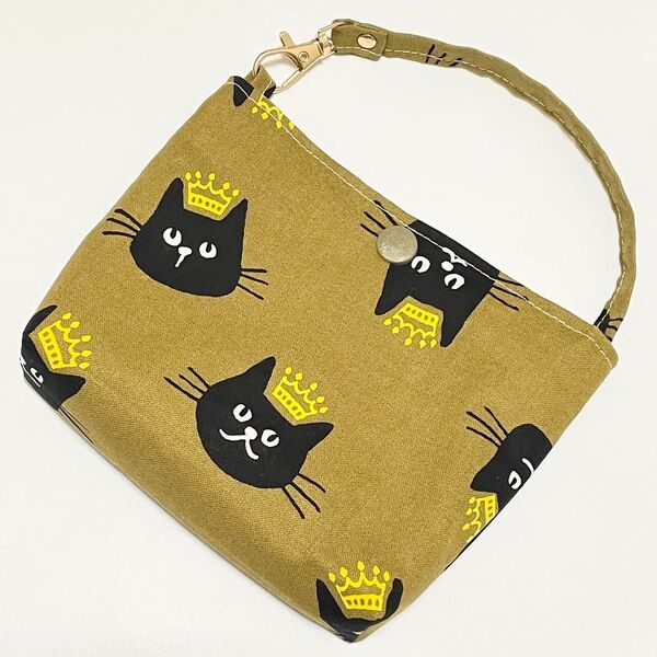 猫 王冠柄 バッグポーチ カーキ ハンドメイド