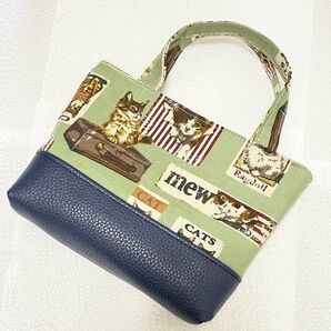 レトロ 猫柄 ミニトート バッグ グリーン ハンドメイド