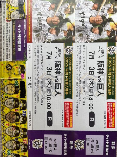 7月3日 7/3 甲子園球場 阪神タイガース 対読売 ジャイアンツ ライト外野指定席 下段 2枚1組 ハット プレゼント