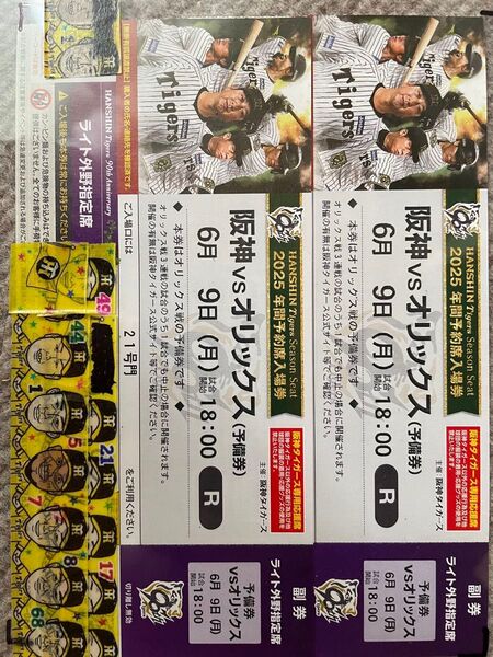 6月9日 6/9 甲子園球場 阪神タイガース 対 オリックス バファローズ ライト外野指定席 下段 2枚1組 交流戦 予備日
