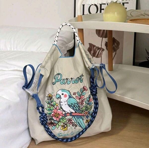 新品 パロット 軽量 ナイロンバック M 刺繍エコバッグ ショルダー付きオウム 鳥 可愛い ショッピングバッグ