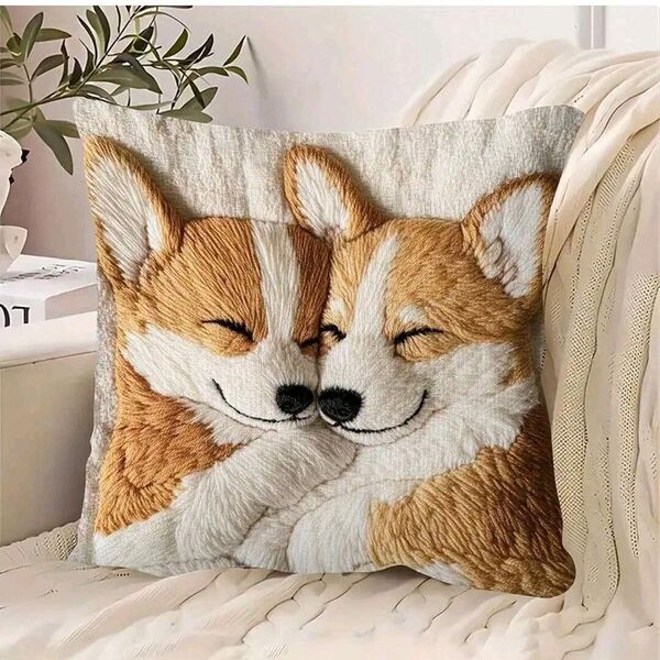 新品 刺繍風 コーギー クッションカバー インテリア ソファー 犬