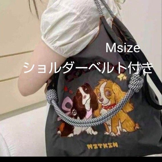 新品 犬 軽量 ナイロンバック M 刺繍エコバッグ ショルダー付き アメプ 可愛い キャバリア アメリカンコッカー