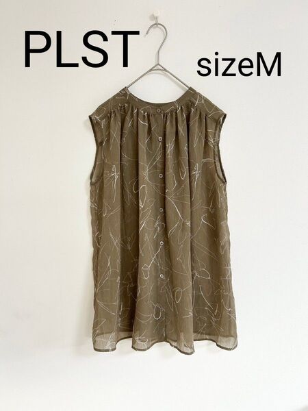 PLST ラインフラワーノースリーブブラウス ブラウン シャツ