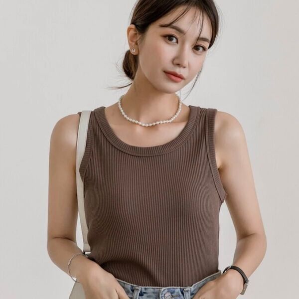 SHEIN DAZY ソリッド リブニット タンクトップ コーヒーブラウン M