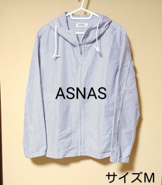 ASNAS*パーカー・長袖・サイズM*ストライプ・ブルー系・ジップアップ*トップス・レディース・春服・古着*シニア・ご年配