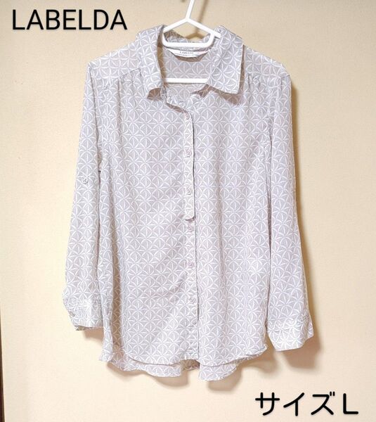 LABELDA*シャツ・長袖~七分袖・シースルー*サイズL・総柄・ベージュ系*トップス・レディース・古着*春服・夏服*シニアご年配