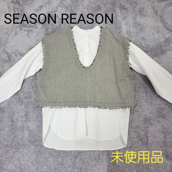 【未使用品】SEASON REASON フリンジベスト付きトップス Mレディース ショート丈ベスト Vネック グレー