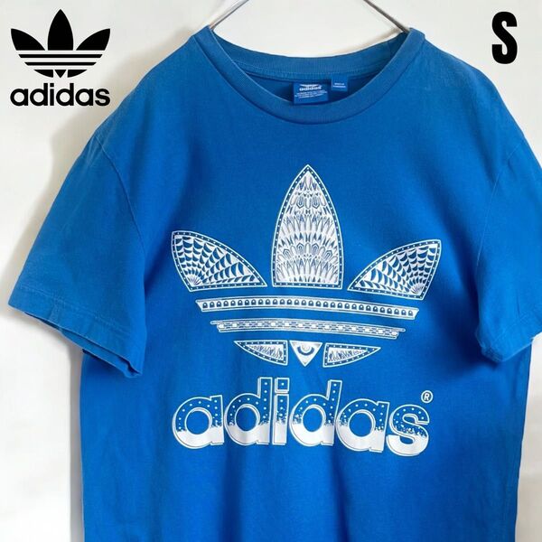希少 アディダス adidas ビッグロゴ トレフォイル Tシャツ ブルー 半袖Tシャツ ロゴプリント ヴィンテージ
