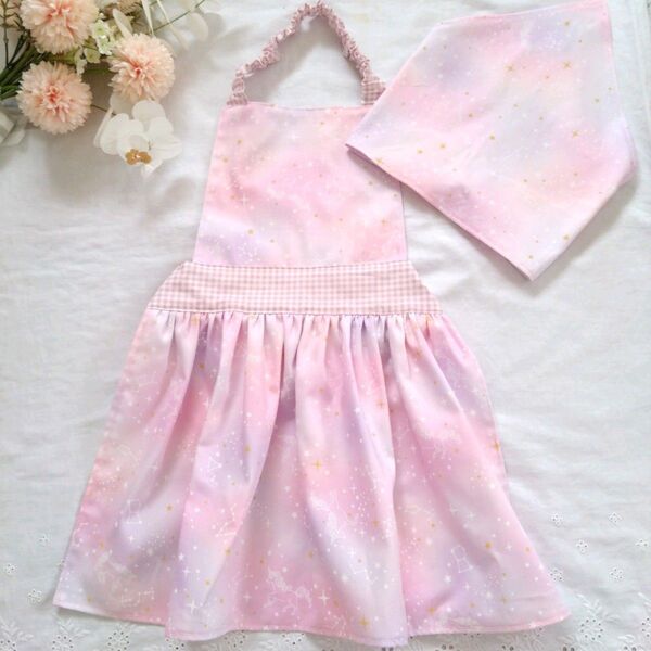 ハンドメイド ギャザーエプロン ゆめかわ ユニコーン 110−120サイズ