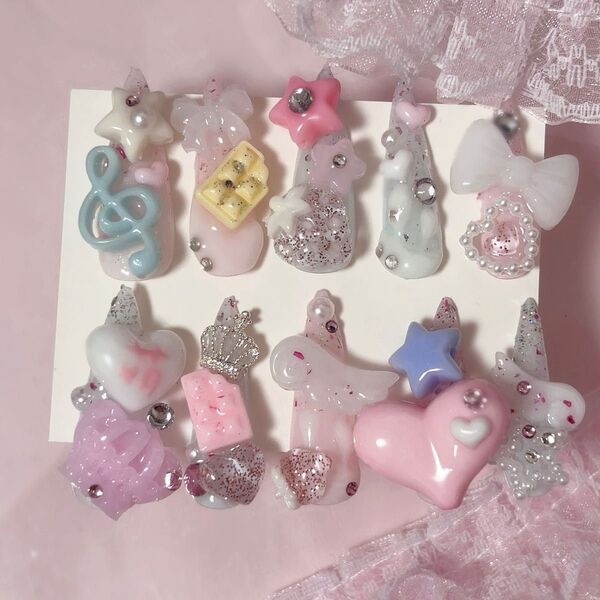 現品 ぴんく×みずいろ ネイルチップ ゴテゴテ 姫 量産型 地雷 サブカル