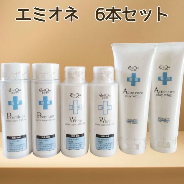 エミオネ アクネケア クレイホイップ洗顔 化粧水 ローション 乳液 ミルク ニキビ対策 新品 無香料 無着色 洗顔料 6本セット