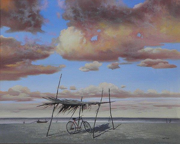 ☆Мишель Батту☆ Красный велосипед (оригинальная картина) Единственная в своем роде оригинальная картина с сертификатом от продавца, Рисование, Картина маслом, Природа, Пейзаж