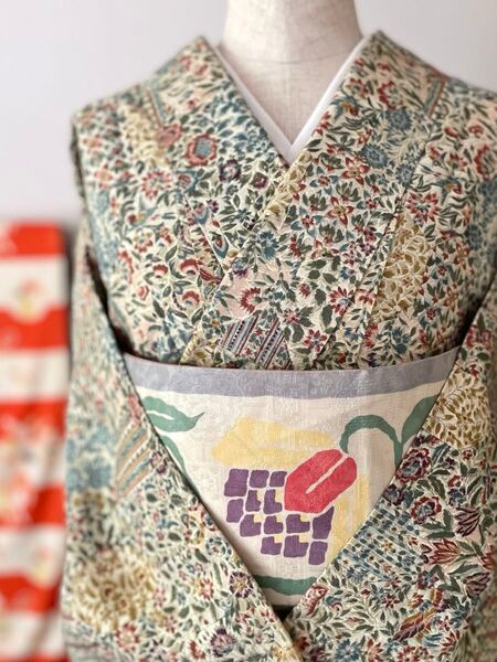 ボタニカル染め紬 名古屋帯セット 袷正絹 小紋