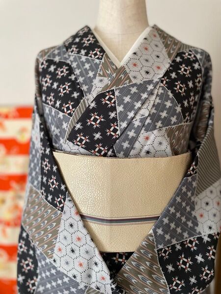 単衣 絣柄 洗えるポリエステル着物 帯セット