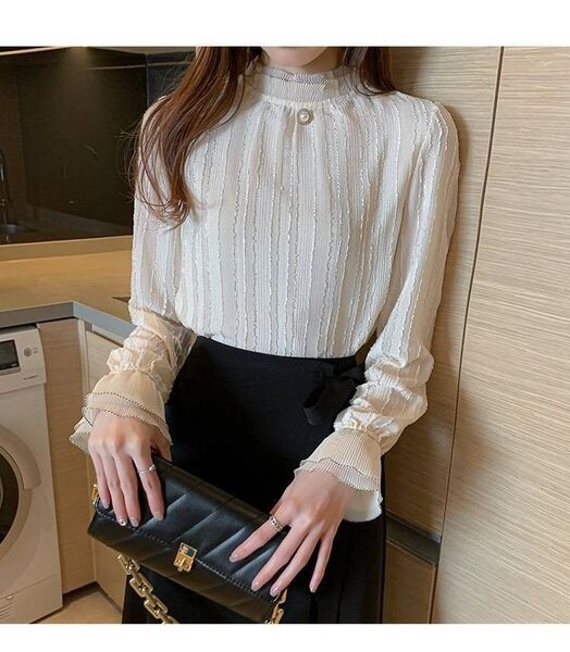 話題のブラウス 長袖 レース シャツ レディース トップス フリル 立ち襟 女性らしい 可愛い 着痩せ Lサイズ