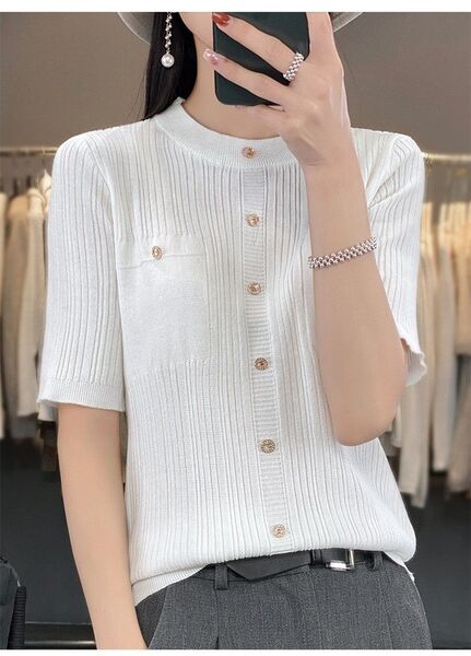 半袖セーター ニット レディース リブ ニット トップス Tシャツ タイト シルエットストレッチ カットソー シンプル無地Lサイズ
