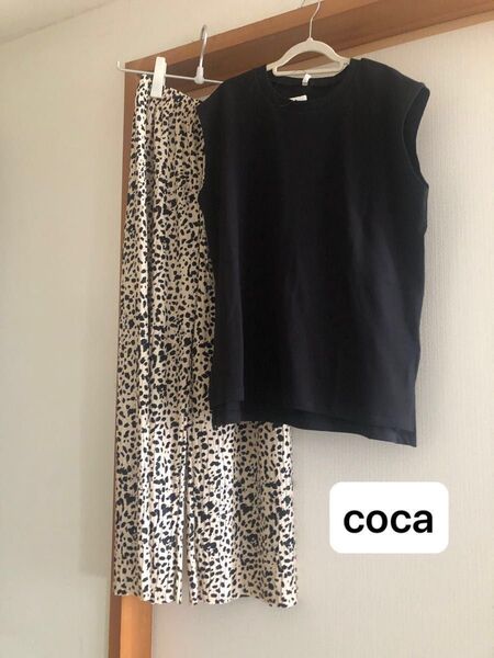 お値下げ不可 coca プリーツウェーブパンツ コットンノースリーブカットソー L ブラック 黒 コットン 綿 イージーパンツ