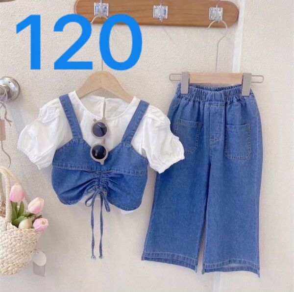キッズ パンツ 子供服 ボトムス セットアップ デニム ブラウス 3点セット ガールズ 半袖 120