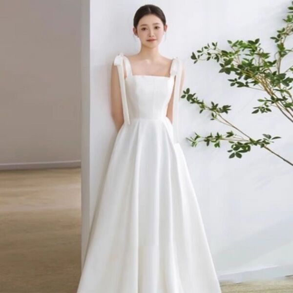 ウェディングドレス サテン リボン ホワイト 前撮り 結婚式 二次会 フォト撮影 ブライダル 海外ウェディング リゾート 韓国風