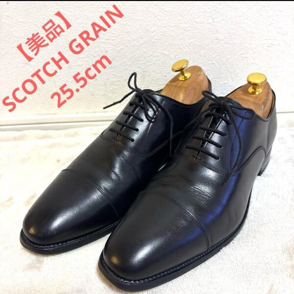 【美品】SCOTCH GRAIN スコッチグレイン 25.5cm ビジネス 黒 ブラック ストレートチップ 革靴 内羽根