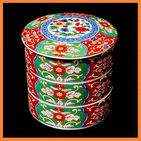 *【未使用品】美濃焼 京紫龍峰 ミニ三段重 重箱 蓋付き重ね鉢 古伊万里錦 色絵