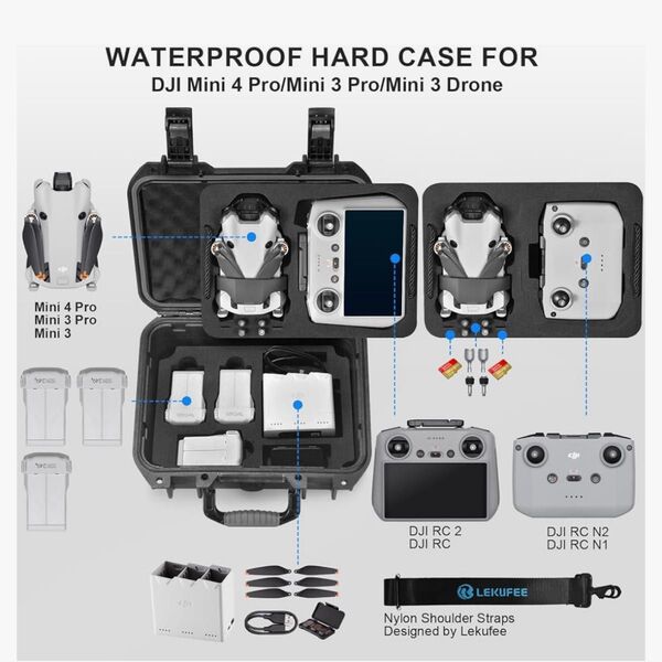 Lekufee DJI Mini 4 Pro/DJI Mini 3 Pro 防水ハードケース ドローン RC送信機 ポータブル