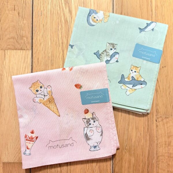 新品タグ付き モフサンド ハンカチ 2点セット ぢゅの mofusand サメにゃん グリーン系 スイーツにゃん ピンク