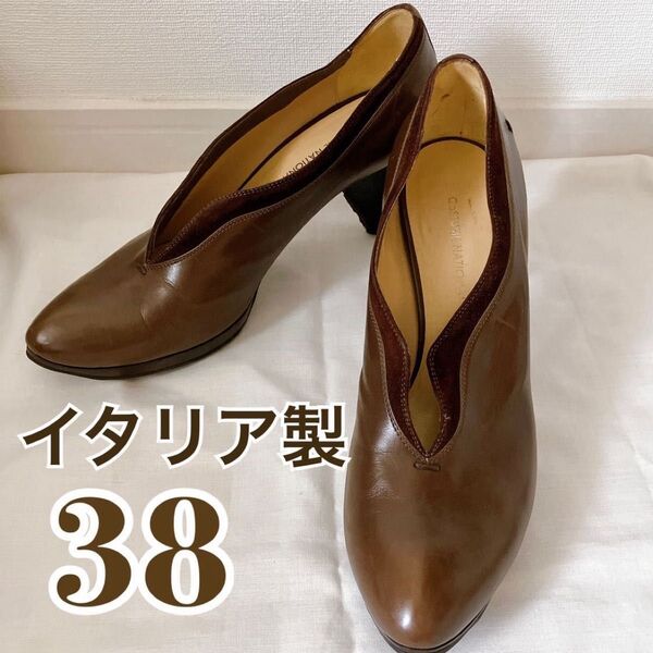 美品 CoSTUME NATIONAL コスチューム・ナショナル パンプス レザー 革靴 ヒール シューズ 38 本革 ブラウン茶