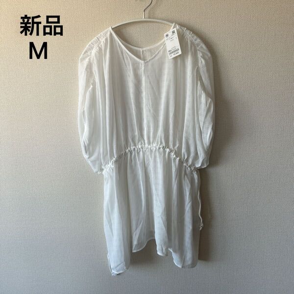 新品 coen シャドーチェックロングブラウスシアーチュニック ホワイト M