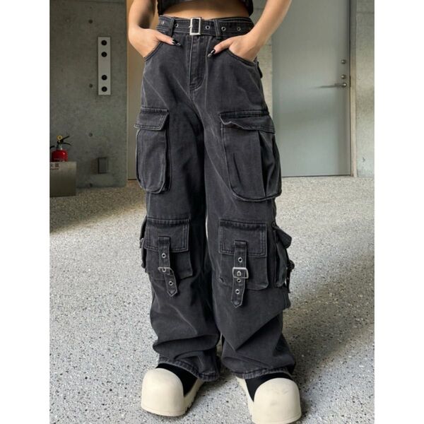 ベルトデザイン カーゴパンツ KsG L ワイドレッグパンツ y2k ポケット