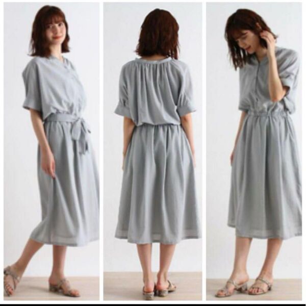 グローブ スキッパーシャツワンピース ブルー Aラインワンピース ワンピース 半袖シャツワンピース Lサイズ