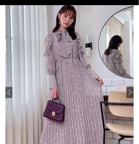 花柄オープンショルダーフリルバックリボンプリーツワンピース S グレイル GRL