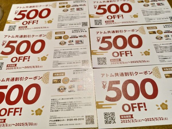 アトム共通割引クーポン 500円OFF券 6枚セット