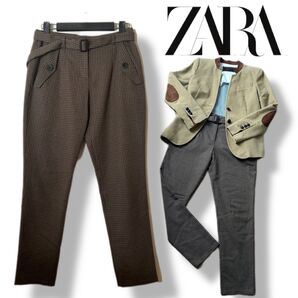 ガンクラブチェック ブラウン ベルト付きテーパードパンツ ZARA BASIC