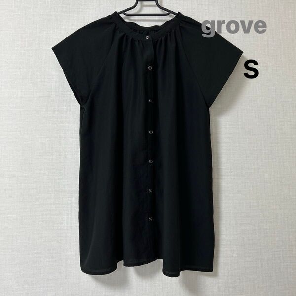 grove グローブ ブラウス シャツ フレンチスリーブ カットソー トップス 半袖 ブラック レディース Sサイズ