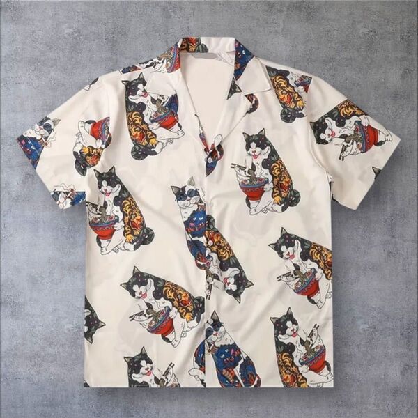 新品タグ付き 和柄シャツ 猫 ねこ 浮世絵 刺青猫 タバコ ラーメン L アロハシャツ 半袖シャツ