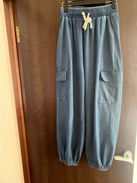 デニムカーゴパンツ インディゴブルー ウエストゴム