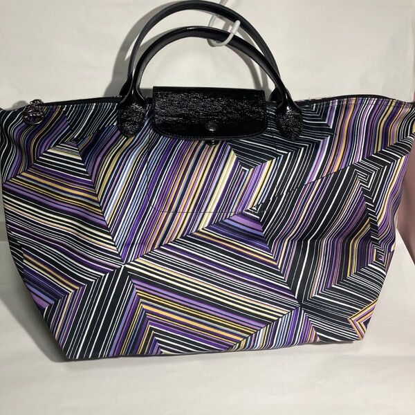 ロンシャン トートバッグ美品 紺色パープルストライプ LONGCHAMP