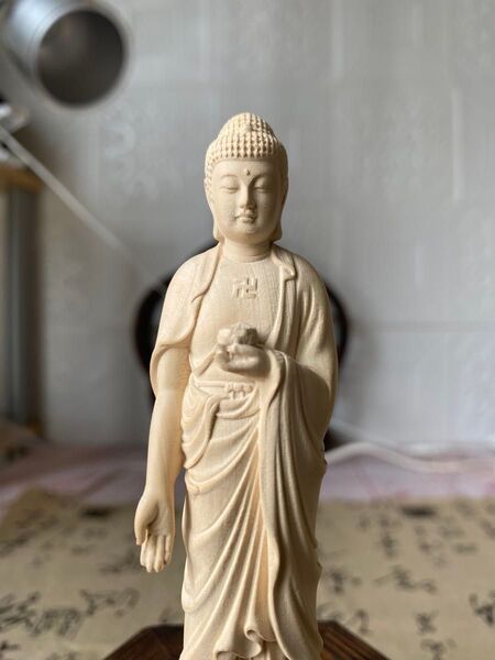 柘植実木 大日如来木彫置物 細工精彫 木彫仏像 開運風水 お守り 立像 仏教美術 菩薩仏堂供養仏像置物