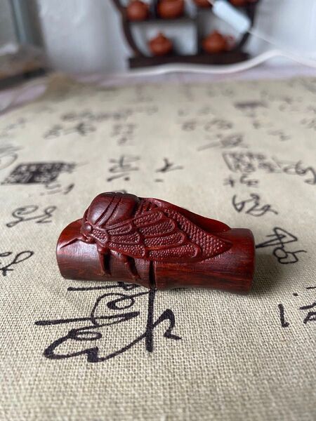 紫檀木彫り 蝉 竹 根付 ストラップ 高さ約5.2cm 古美術 縁起物 古美術 置物 提物