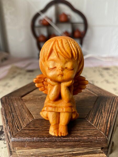 木彫り 可愛い天使 置物/お守り/縁起物 美術品 工芸品 仏教美術 オブジェ