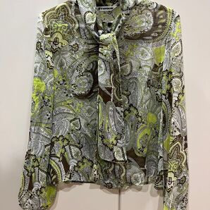 ペイズリー柄ブラウス グリーン系 リボンタイ