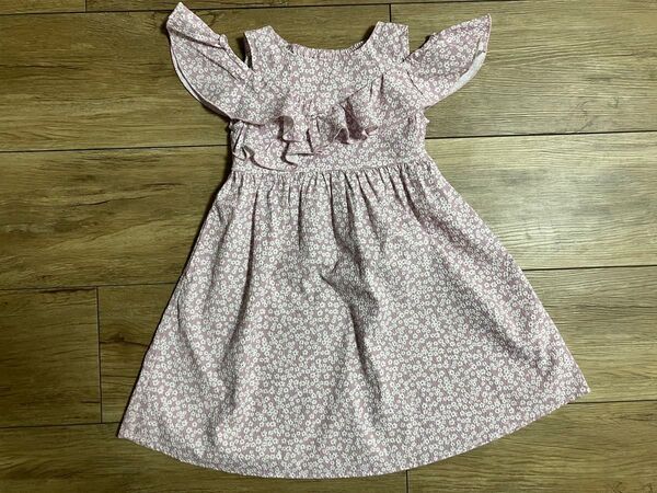 アプレレクールフリル付き肩出しワンピース100cm小花柄ラベンダー色女の子