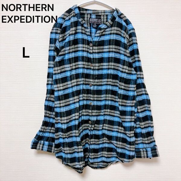 NORTHERN EXPEDITION チェックシャツ バンドカラー メンズ 【L】長袖シャツ 長袖 ネルシャツ チェック
