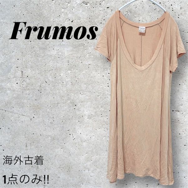 【美品】Frumos ワンピース チュニック Vネック ベージュ 海外古着ベージュ 半袖チュニック