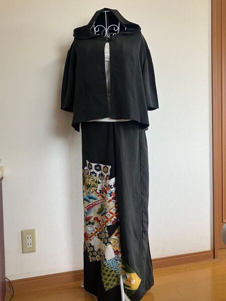 古着着物リメイクセットアップ ハンドメイド 黒留袖 洗える着物 リメイク 古着