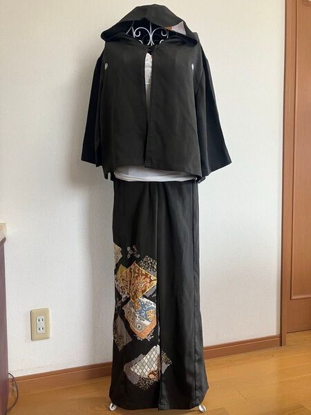 古着着物セットアップ ハンドメイド 黒留袖 着物 リメイク 洗える着物