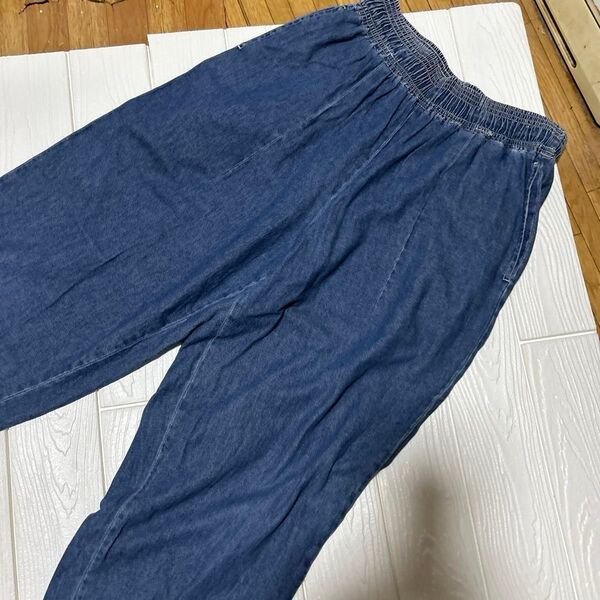 デニムパンツ ウエストゴム テーパードパンツ ハイウエスト ゆったり Mサイズ