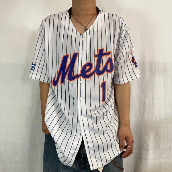 NY Mets ベースボールシャツ ニューヨークメッツ ユニフォーム ストライプ 古着